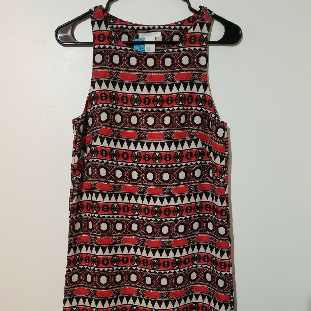 RED TRIBAL PRINT TANK SUN DRESS GEOMETRIC TRIANGLE FESTIVAL BOHO CONTEMPORARY 2